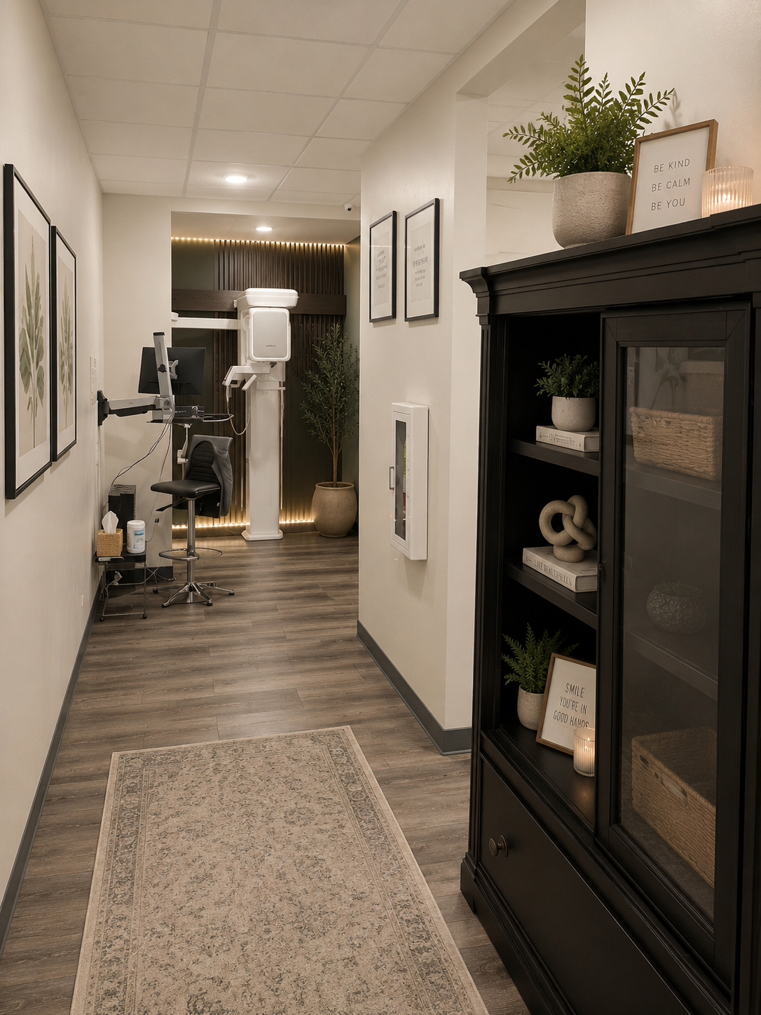 A tidy, well-lit clinical hallway with botanical prints, a runner rug and imaging equipment